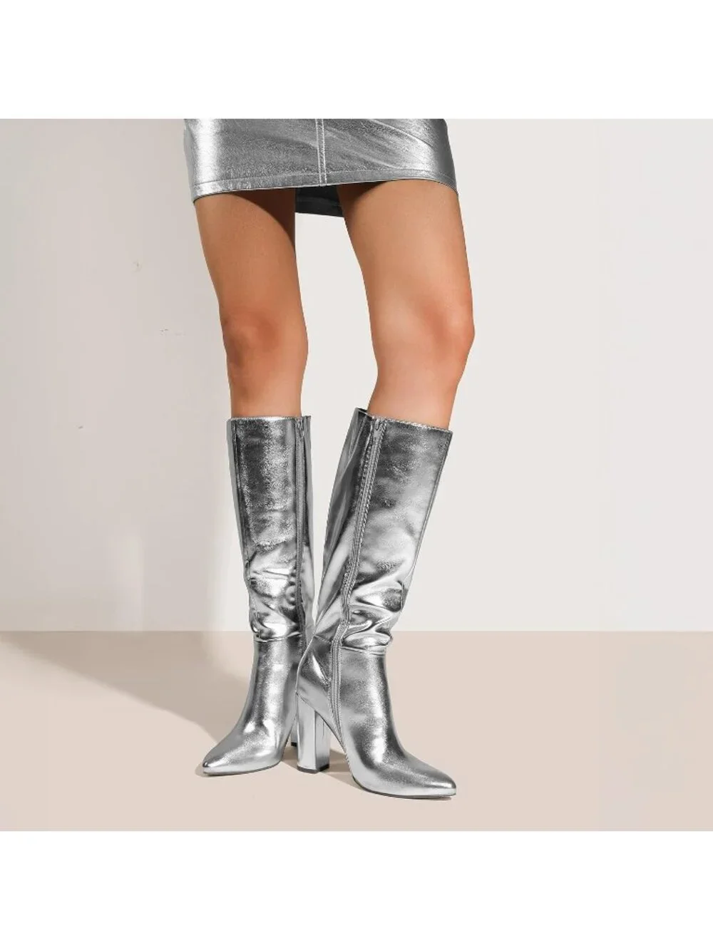 Women's Silver Faux Leather Chunky Heel Pointed Toe Side Zipper Knee High Boots